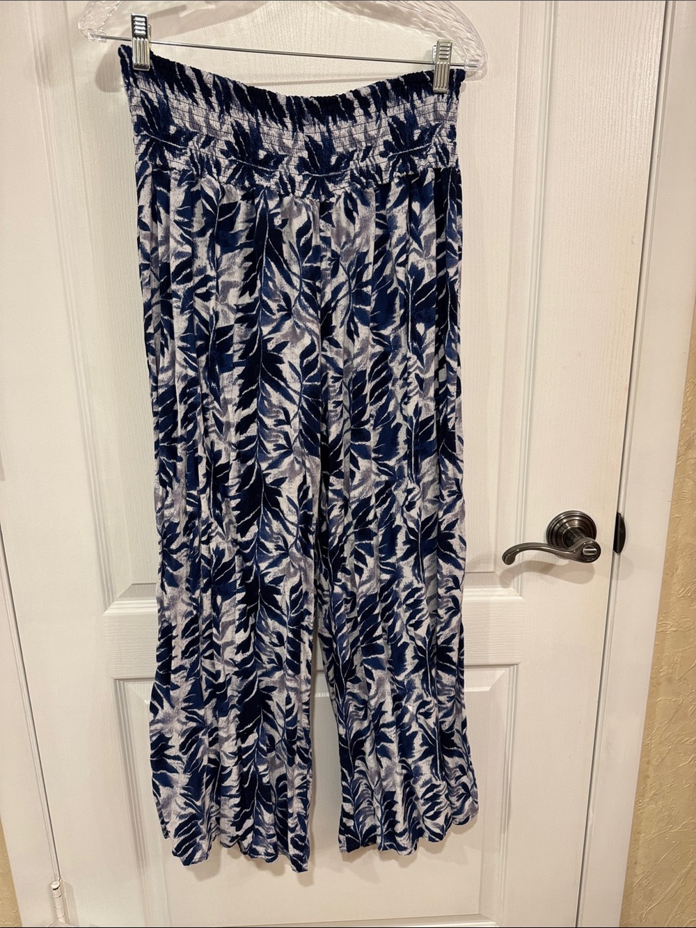 Smocked-Waist Navy Leaf Wide-Leg Pants